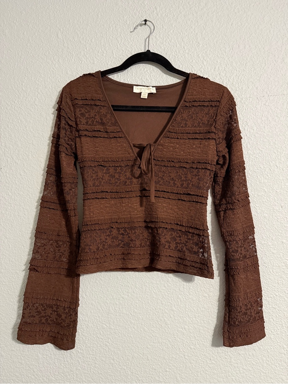 Juniors Free People Chocolate Brown Lace-Trim V-Neck Long Sleeve Top